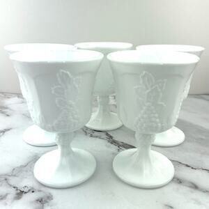 Indiana Glass Colony Harvest Milk Glass Footed Water/Wine Goblets Glasses 5 pcs